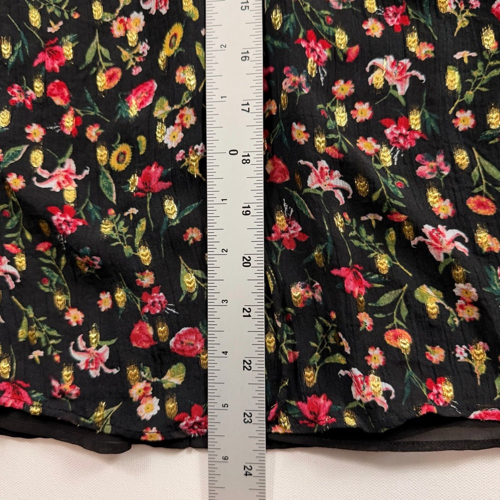 J.Crew Black Floral Gold Metallic Ruffle Blouse Large Romantic Holiday Party Top - Picture 7 of 10